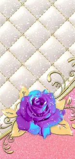 Purple rose with gold on pink and white background wallpaper.