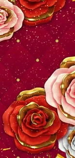 Elegant wallpaper with roses and gold on red background.