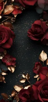 Elegant red roses and gold leaves on dark background.