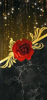 Mobile wallpaper with red rose and gold accents on marble.