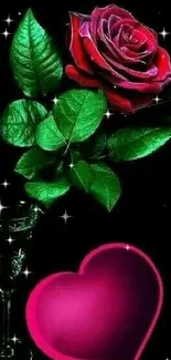 Red rose with green leaves and pink heart on black background.