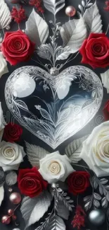 Elegant crystal heart with red and white roses on floral background.