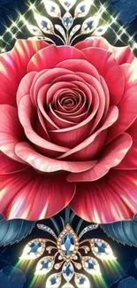 Mobile wallpaper with a pink rose and jewels.