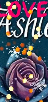 Purple rose on dark blue background with love text and snowflakes.