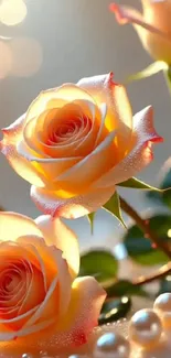 Elegant orange roses with dewy petals and pearls.