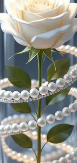 White rose intertwined with pearls in artistic design.