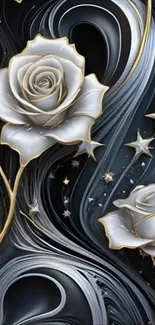 Elegant white roses with stars on a swirling black background.