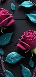 Magenta roses with teal leaves on dark.