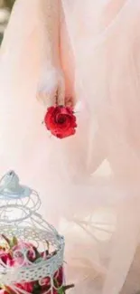 Elegant mobile wallpaper with red rose and tulle dress.