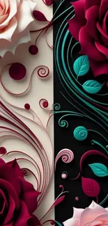 Elegant wallpaper with intricate rose patterns and dark-light theme.