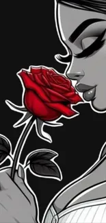 Grayscale portrait with red rose, elegant design.