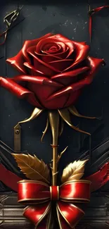 Artistic red rose with ribbon on dark background
