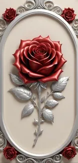 Elegant and intricate red rose design on a decorative background.