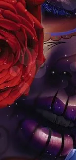 Vibrant abstract wallpaper with red rose and purple face design.