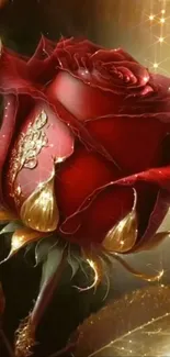 Elegant red rose with shimmering accents on a mobile wallpaper.