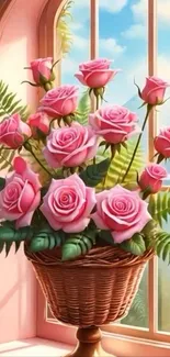 Basket of pink roses by a sunlit window.
