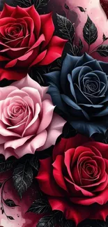 Vibrant red, pink, and dark blue roses on wallpaper