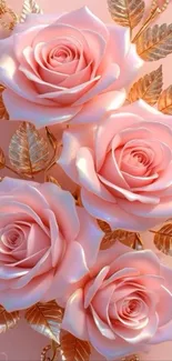 Aesthetic mobile wallpaper with pink roses and golden leaves.