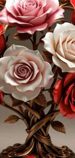 Elegant bouquet of red and white roses with intricate detailing.