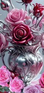 Elegant silver vase with pink roses