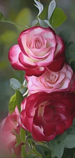 Elegant artwork of red and pink roses on a green leafy background.