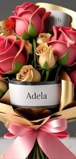Bouquet of red and pink roses with name tag.
