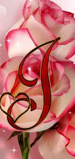 Pink and white rose wallpaper with an elegant letter J design.