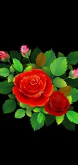 Elegant red rose and green leaf bouquet on black background.