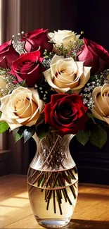 Elegant bouquet of red and white roses in a clear vase.