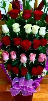 Vibrant bouquet of red, white, and pink roses with a purple bow.