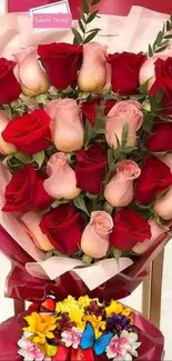 Elegant bouquet of red and pink roses with decorative leaves.