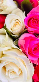 Beautiful bouquet of red, pink, and white roses.