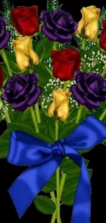 Bouquet of red, yellow, and purple roses with a blue ribbon.