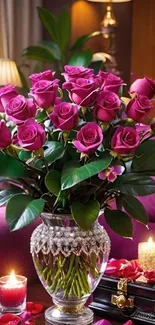 Elegant pink rose bouquet with candles in a cozy setting.