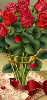 Elegant bouquet of red roses in a golden vase with a gift box and ribbon.