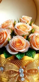 Elegant rose bouquet in golden box wallpaper.
