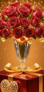 Elegant bouquet of red roses in a vase on a gift box.