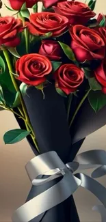 Bouquet of red roses with black paper and silver ribbon.
