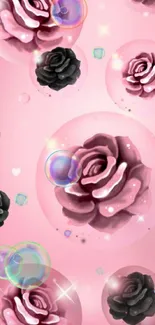 Pink and black roses inside bubbles on a pink background.