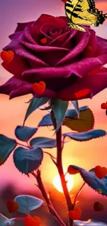 A vibrant red rose with a butterfly against a sunset backdrop.