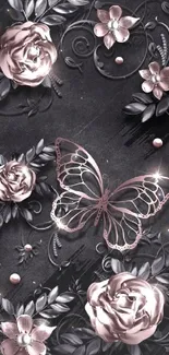 Elegant wallpaper with roses and butterfly on a black background.