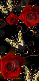 Mobile wallpaper with red roses and golden butterflies on a dark background.