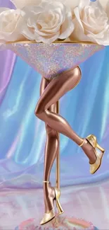 Artistic design of cocktail glass with rose gold legs and white roses against a pastel background.