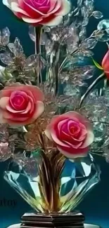 Elegant crystal vase with pink roses.