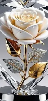 Golden rose in heart-shaped crystal sculpture.