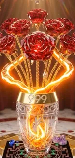 Crystal vase with glowing red roses and a golden aura.