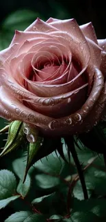 Elegant pink rose with dew droplets on petals.