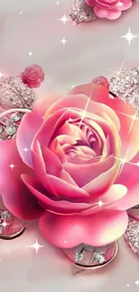 Pink rose with diamond accents mobile wallpaper.