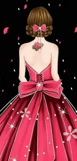 Elegant pink dress with rose design on black background.