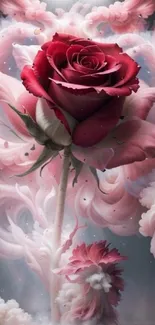 Elegant fantasy art wallpaper with a red rose and soft pink clouds.